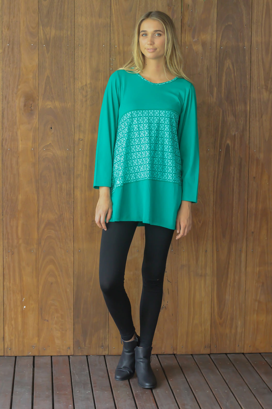 Yuni Long Sleeve Cotton Tunic - Green Hanakhoushi  Print