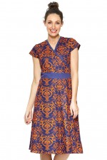 Leela Cotton Wrap Dress - Navy Garland Print