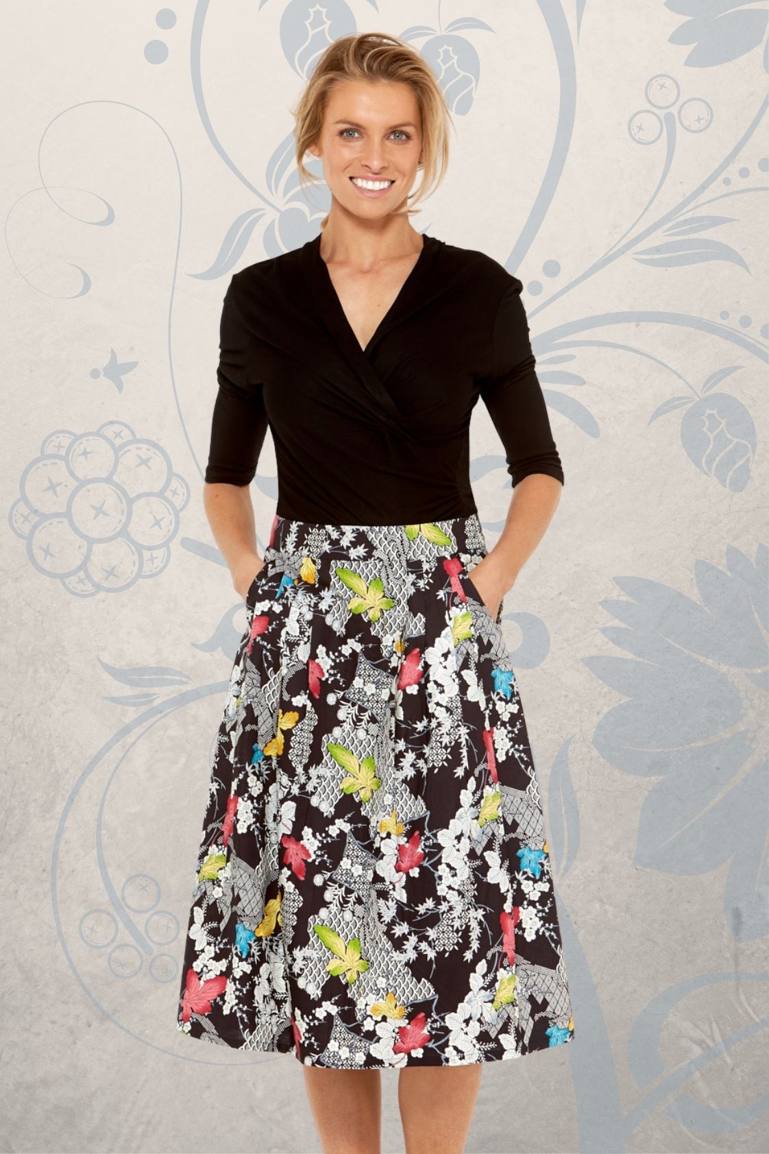Jessica Cotton Skirt with Pockets - Nikko Print