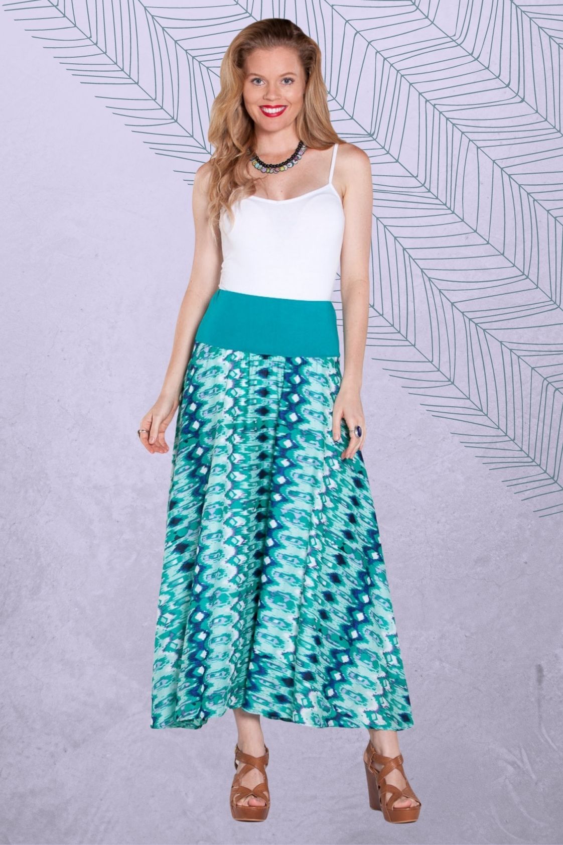 Nicole Long Cotton Voile Skirt - Turquoise Ikat Print