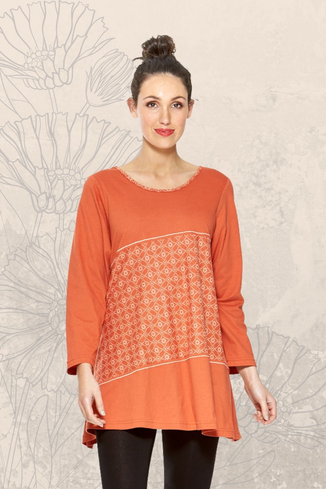 Umi Long Sleeve Cotton Tunic - Orange -Shippo  Print