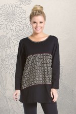 Yuni Long Sleeve Cotton Tunic - Black Hanakhoushi  Print
