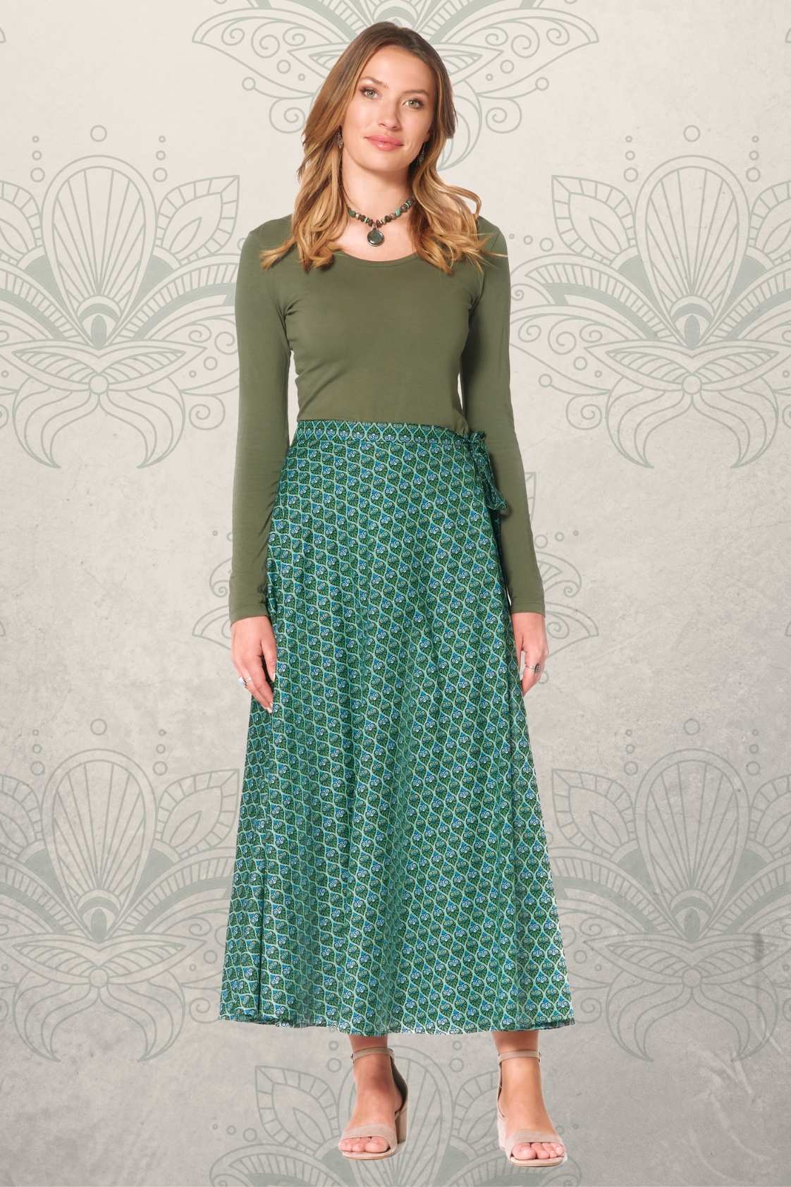 Grace Long Cotton Wrap Skirt - Forest Print