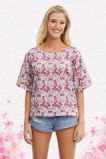 Ruth Cotton  Reversible Top in Blossom & Plain Grey