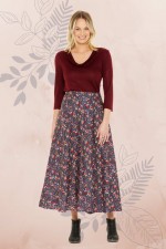 Grace Long Cotton Wrap Skirt in Navy Flower Print