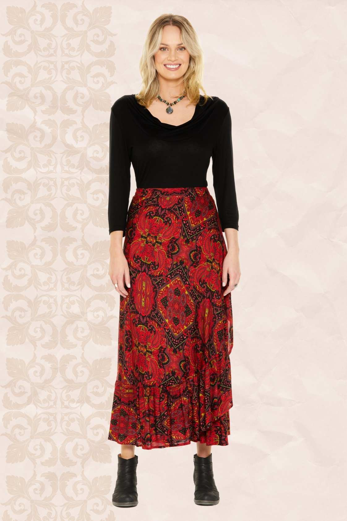 Ole Maxi Wrap Frill Skirt in Claret Print